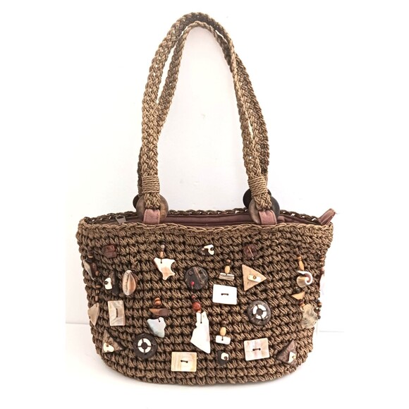 NEW Cappelli Brown Woven Paper Straw Shoulder Tote Beaded Seashell Trim - Picture 1 of 9
